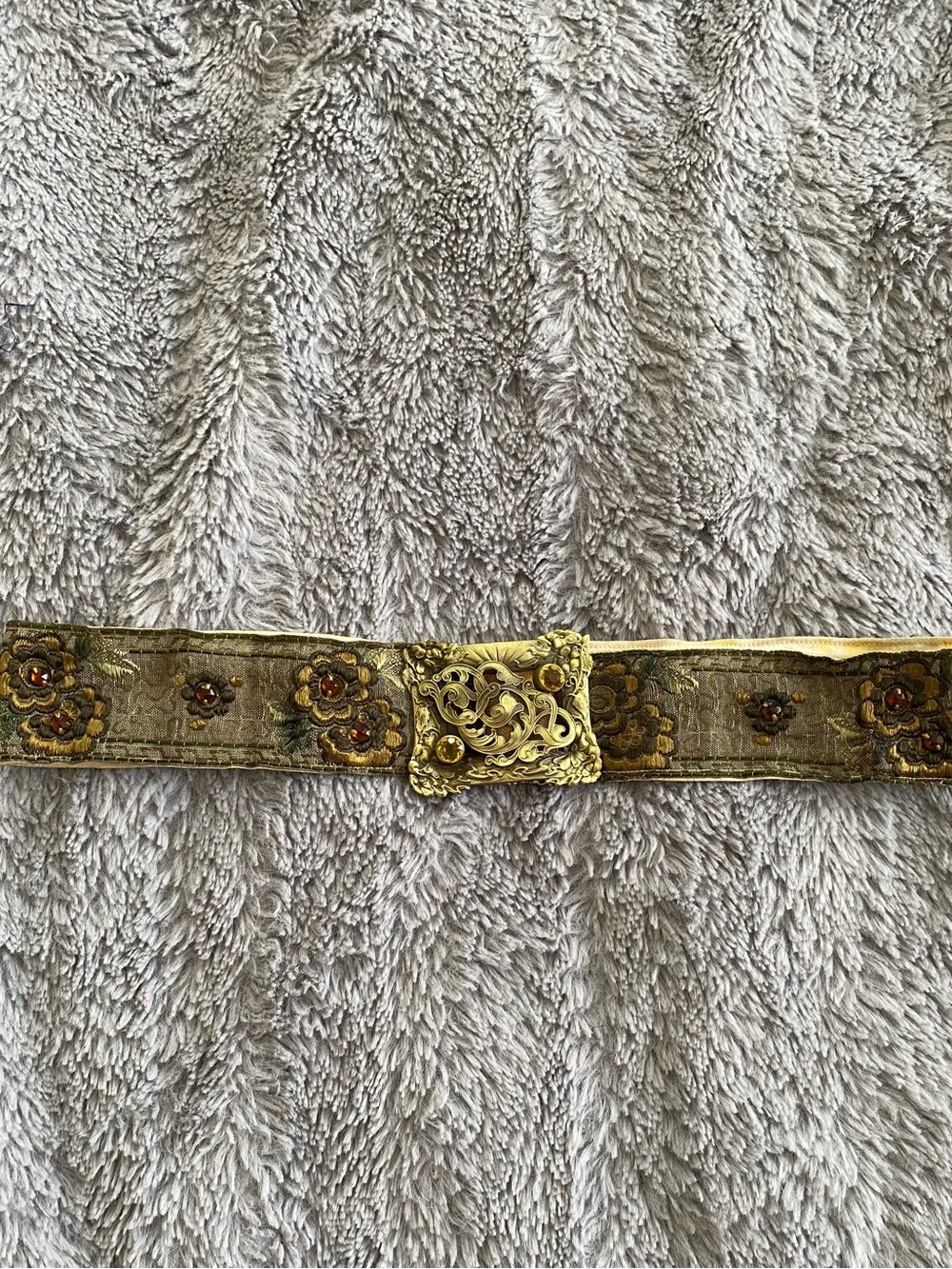 Michal Negrin Embroidered Floral Belt with Ornate Gold Buckle